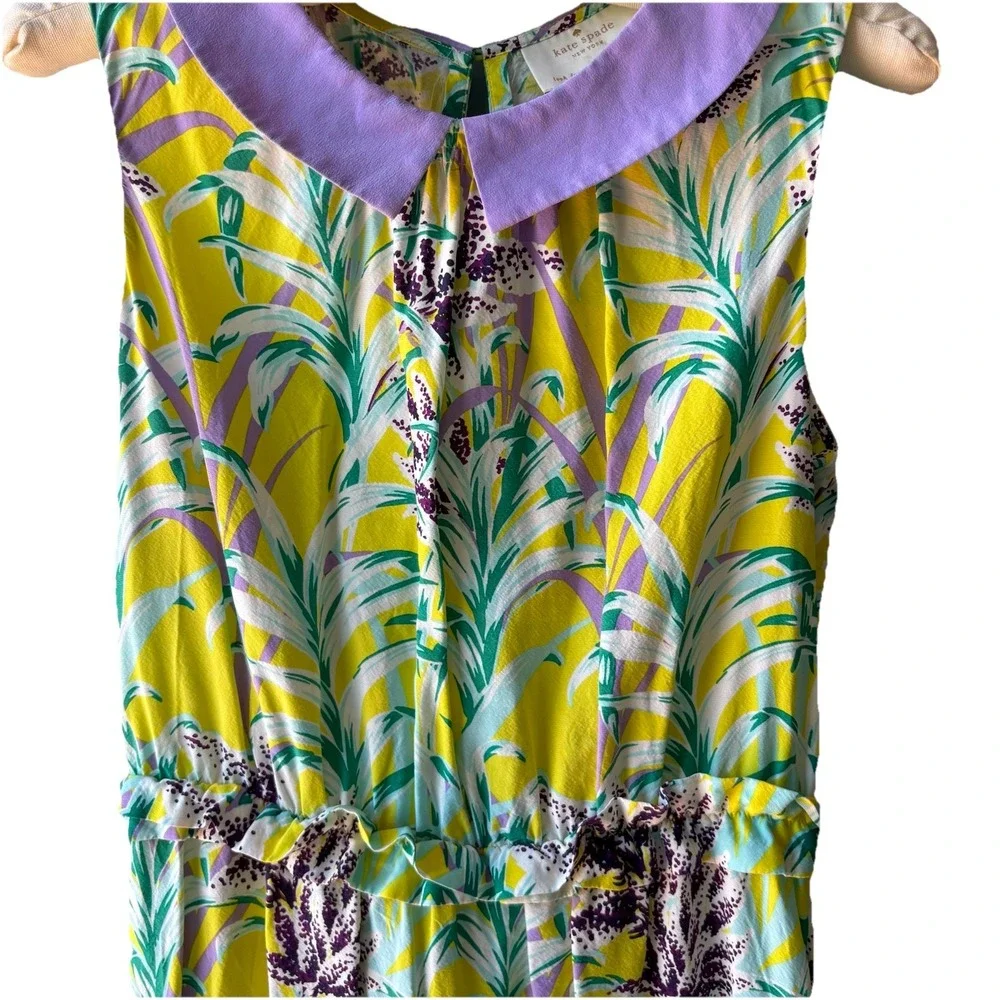 Kate Spade NY Yellow & Lilac Floral Dress‎ Women's M Silk Blend Peter Pan Collar